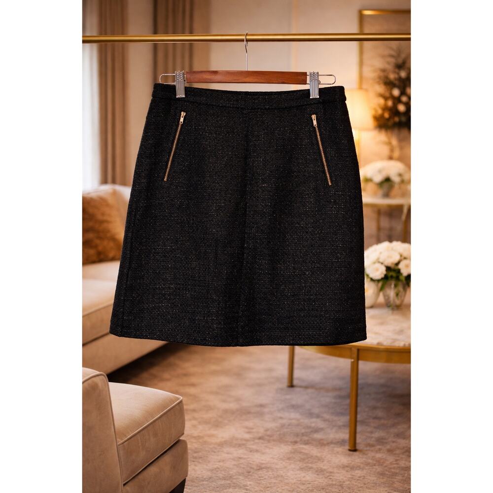 Halogen Tweed Skirt 10P Black Blue A-Line Zip Pocket Lined Petite Studious Chic